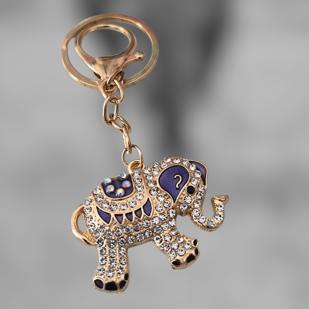 Jeweled Elephant Bag Charm / Keychain with Purple Enamel Accents